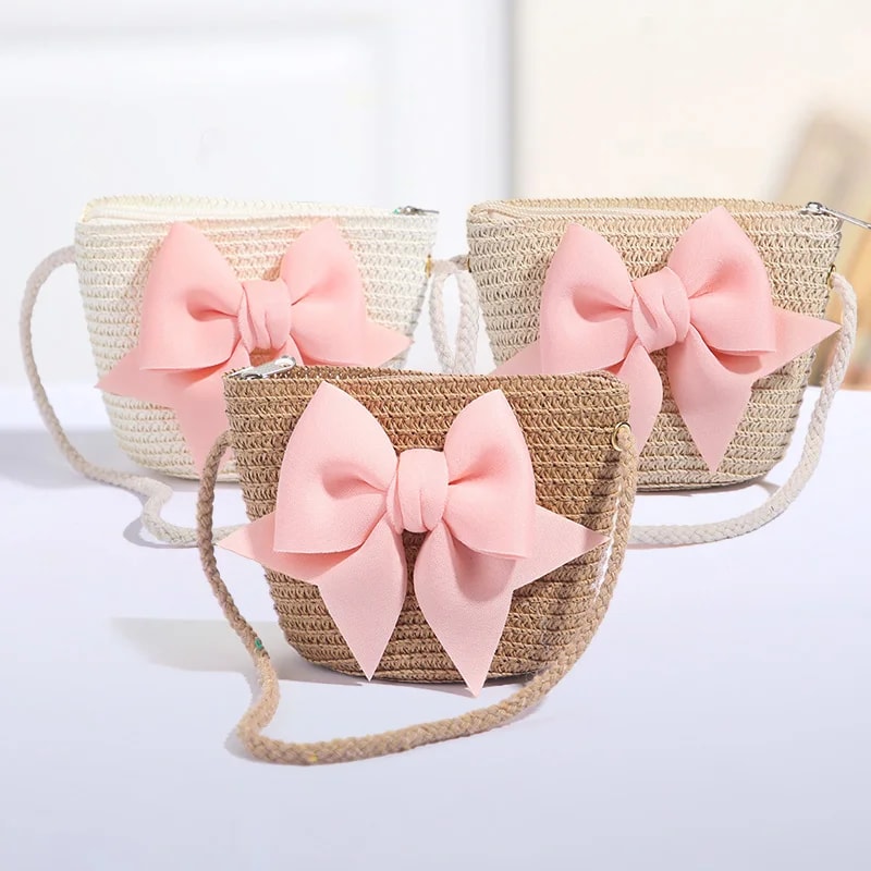 Handmade Woven Crossbody Bag for Baby Girls, Cute Bow Straw Princess Coin Purse