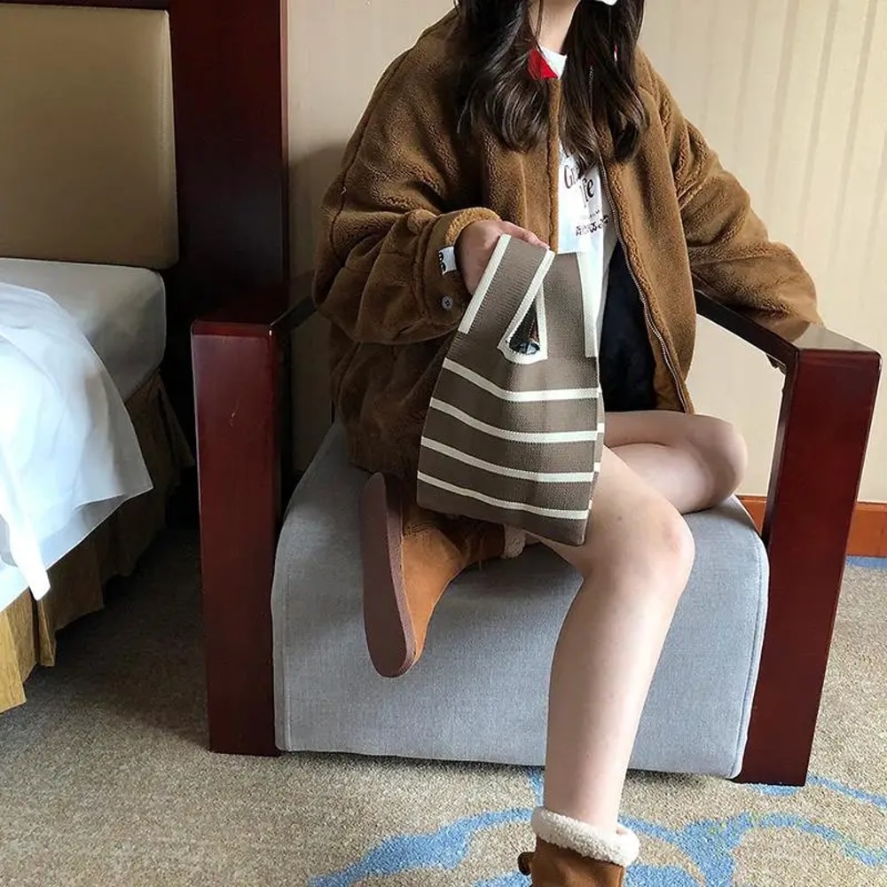 Eco-Friendly Shopper Bag, Women's Handbag Casual Tote Bag with Wide Stripe Design