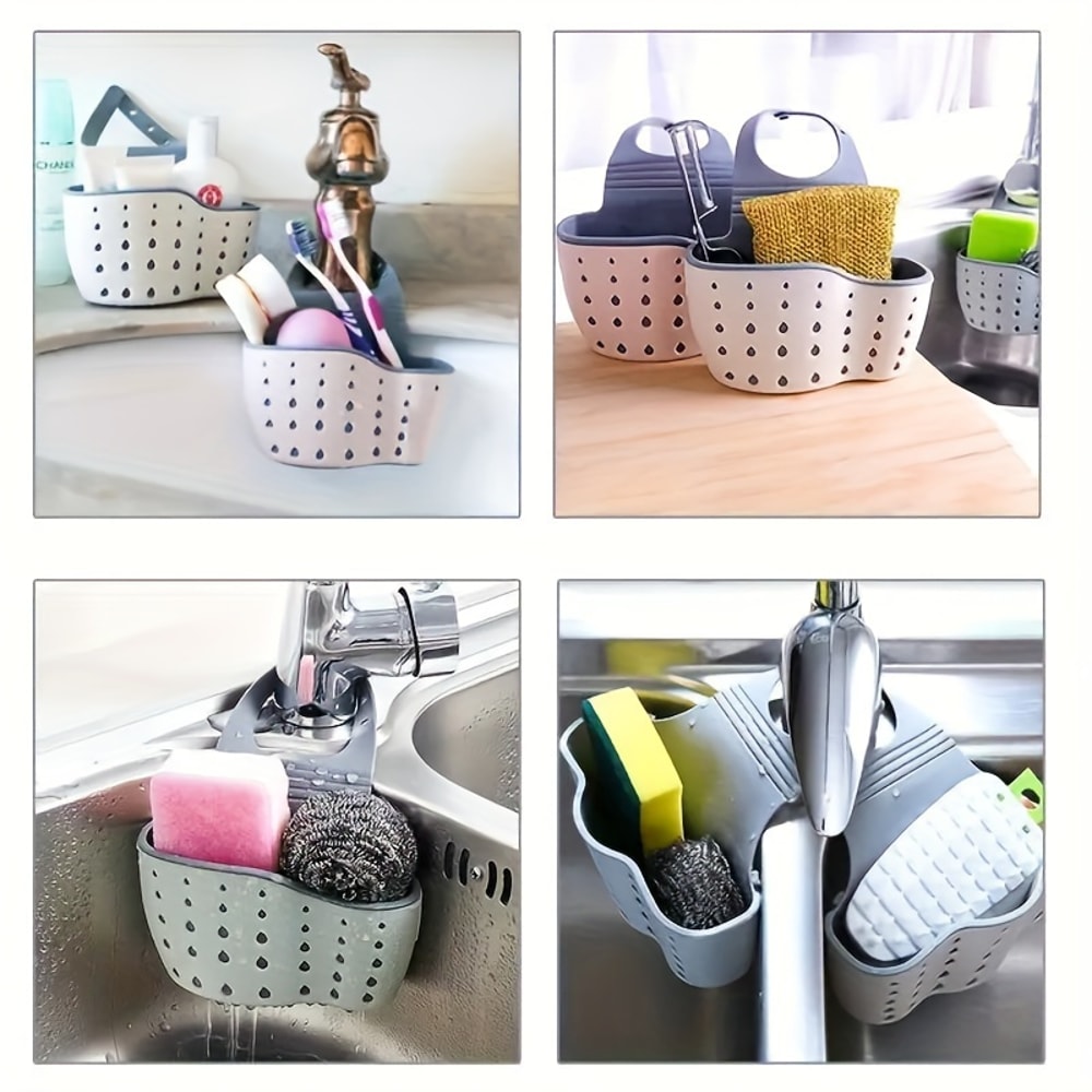 Adjustable Double Sink Draining Hanging Bag, Press Faucet Shelf, Sponge Double Basket, Storage Kitchen Organizer