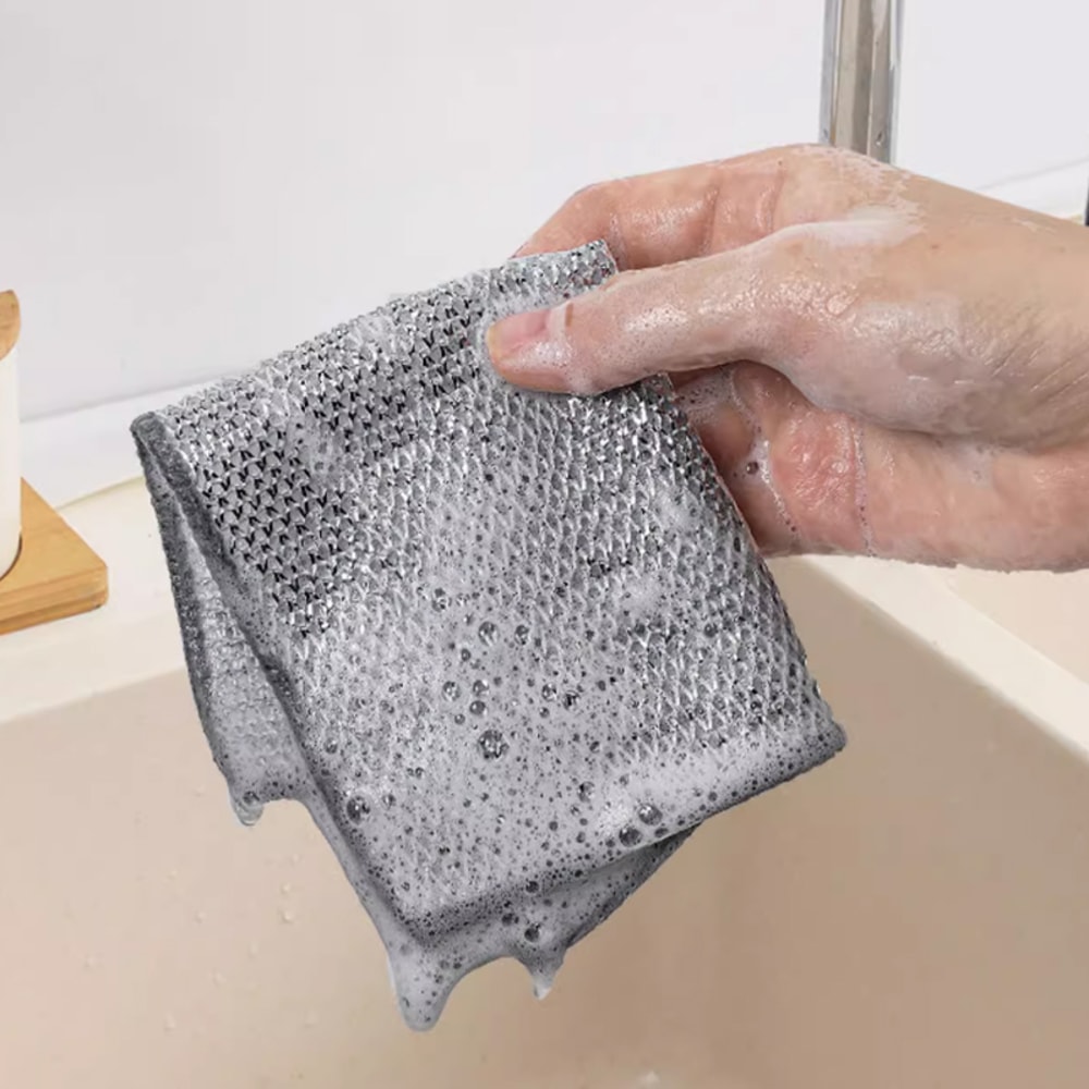Silver Wire Cleaning Kitchen Cloth With Builtin Sponge Ball Rag Thickened Microfiber Wash Towel 4