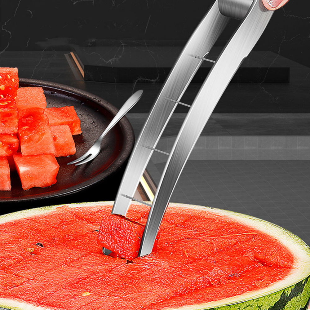 Stainless Steel Manual Watermelon Cube Cutter Slicer 6 Pieces Stainless Steel Fruit Forks 3