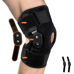 adjustable knee support brace, hinged wrap for pain relief, strains, sprains, and swelling