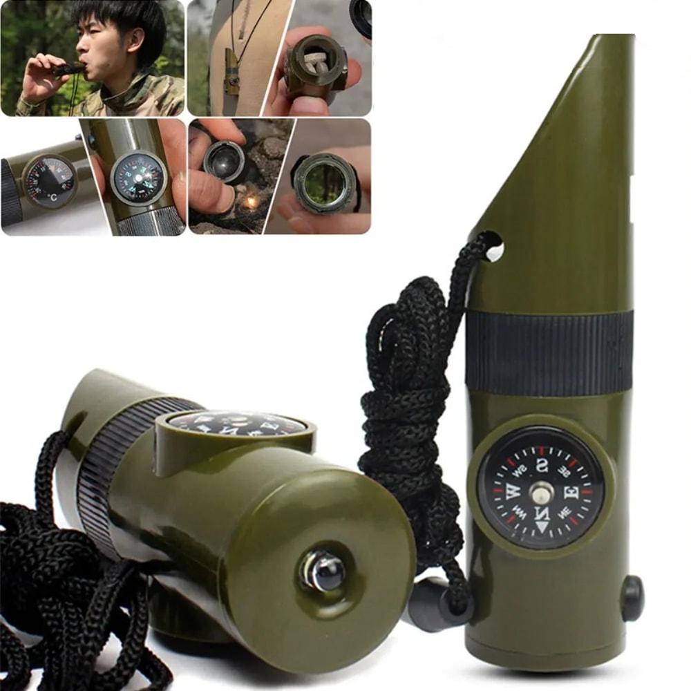 Hiking Whistle with Compass Mirror, LED Flashlight, Magnifier, Thermometer, Survival Tool