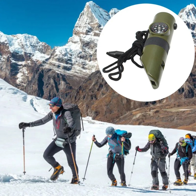 Hiking Whistle with Compass Mirror, LED Flashlight, Magnifier, Thermometer, Survival Tool