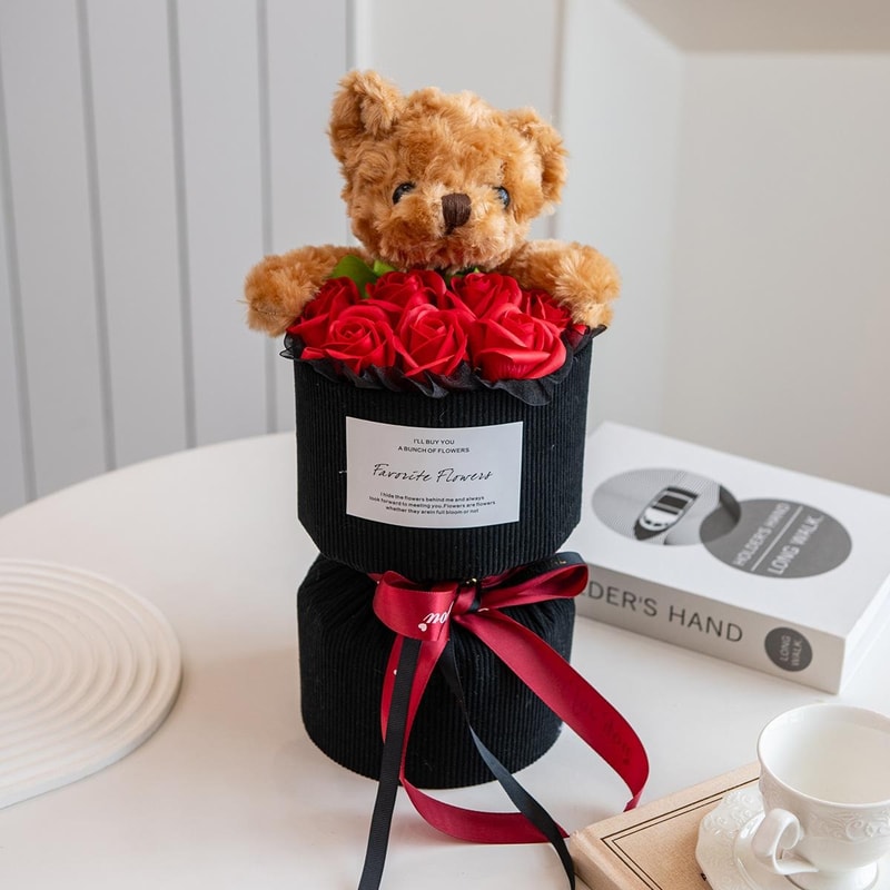 Mini Cute Bear, Artificial Rose, Romantic Valentine's Day Gift for Her, Girlfriend Presents, Birthday Decor
