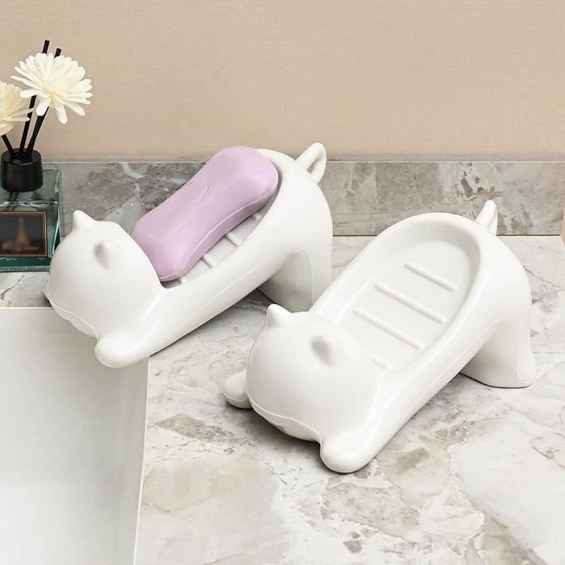 Plastic Holder for Bathroom, Cute Cartoon Cat Soap Dish with Drainage, Decorative Soap Storage Dish