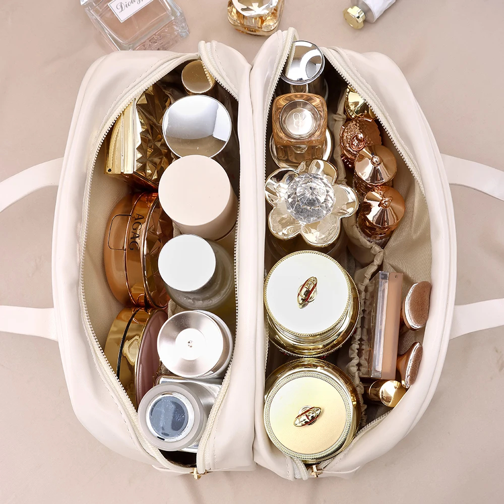 Waterproof Large-Capacity Double Layer Travel Cosmetic Bag, Multifunctional PU Makeup Pouch for Women