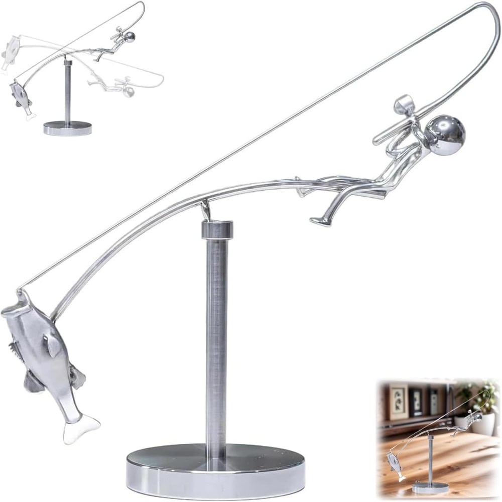 Kinetic Handmade Fishing Sculpture, Metal Fisherman Desk Ornament Gift, Balancing Statue for Fishing Enthusiasts
