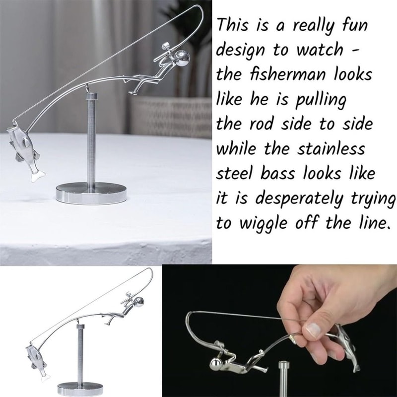 Kinetic Handmade Fishing Sculpture, Metal Fisherman Desk Ornament Gift, Balancing Statue for Fishing Enthusiasts