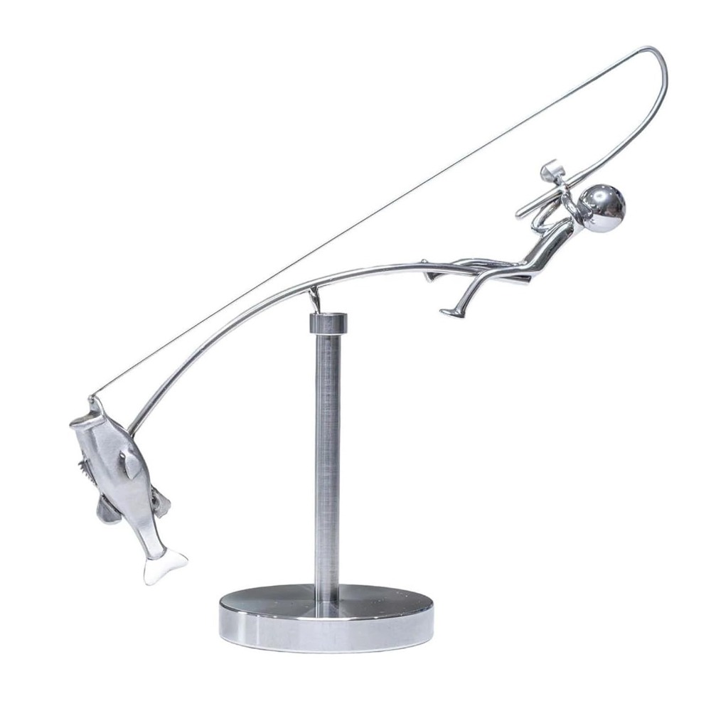 Kinetic Handmade Fishing Sculpture, Metal Fisherman Desk Ornament Gift, Balancing Statue for Fishing Enthusiasts