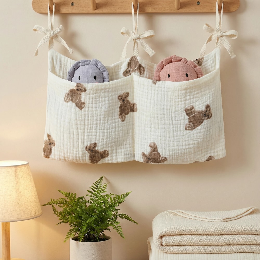 White Printed Baby Crib Hanging Bag Horizontal Double Pockets Soft Fabric With Nonslip Strap For Di 0