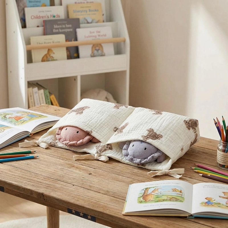 White Printed Baby Crib Hanging Bag Horizontal Double Pockets Soft Fabric With Nonslip Strap For Di 4