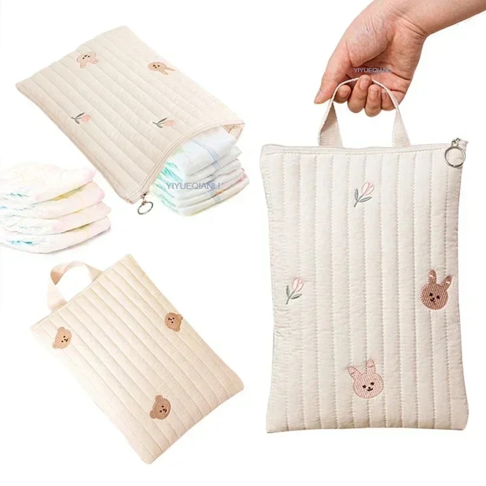 Cute Bear Embroidery Mommy Bag, Cotton Baby Diaper Bag Nappy Pouch, Travel Stroller Storage Bags