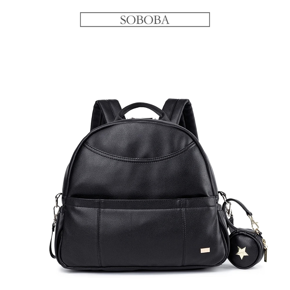 New Fashion PU Black Diaper Backpack For Baby Large Capacity Diaper Bag Waterproof Pockets Stroller 4