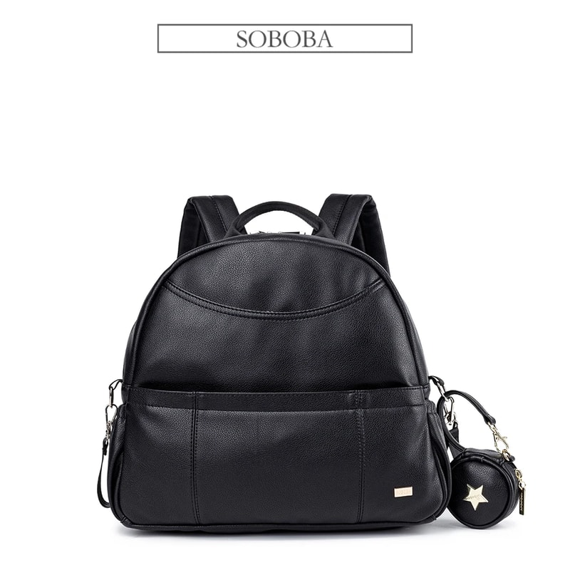 New Fashion PU Black Diaper Backpack For Baby Large Capacity Diaper Bag Waterproof Pockets Stroller 4