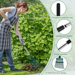 adjustable garden leaf rake, 11 prong strong rake for autumn garden flower bed cleaning