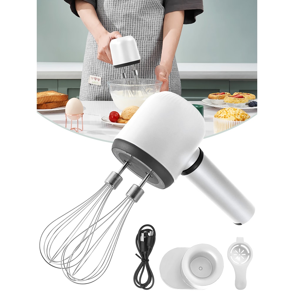 Wireless Portable Hand Whisk, 3-Speed USB Rechargeable Electric Hand Blender, 2 Whisks for Milk, Cream, and Baking