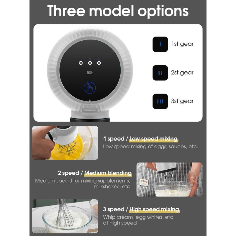 Wireless Portable Hand Whisk, 3-Speed USB Rechargeable Electric Hand Blender, 2 Whisks for Milk, Cream, and Baking