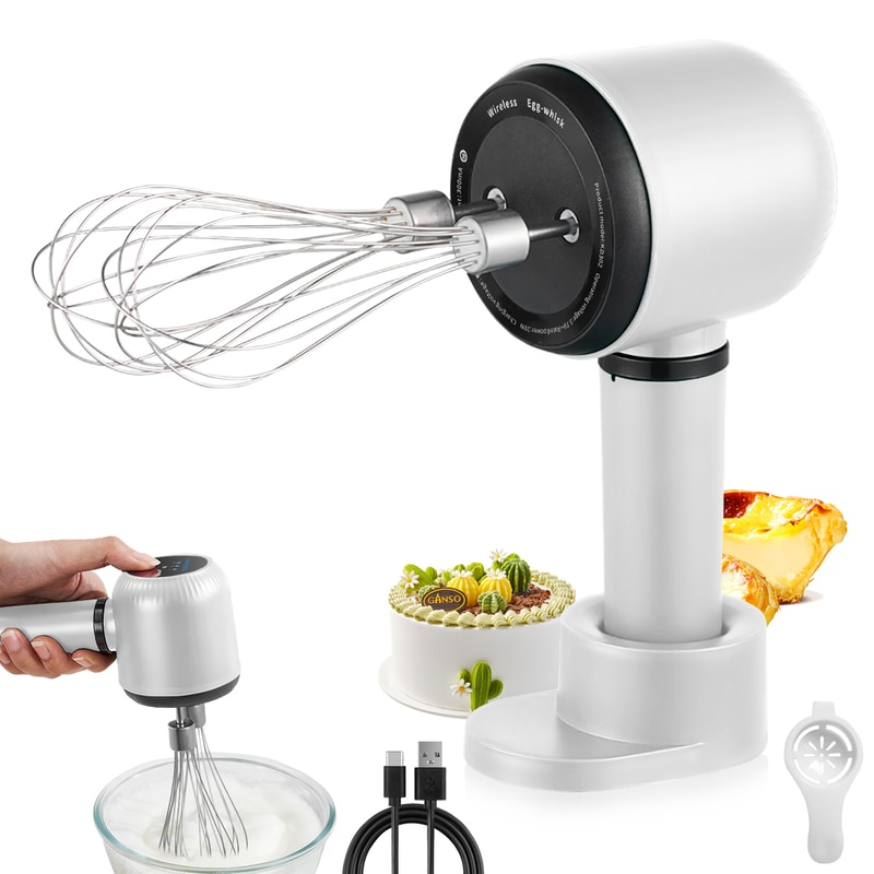 Wireless Portable Hand Whisk, 3-Speed USB Rechargeable Electric Hand Blender, 2 Whisks for Milk, Cream, and Baking