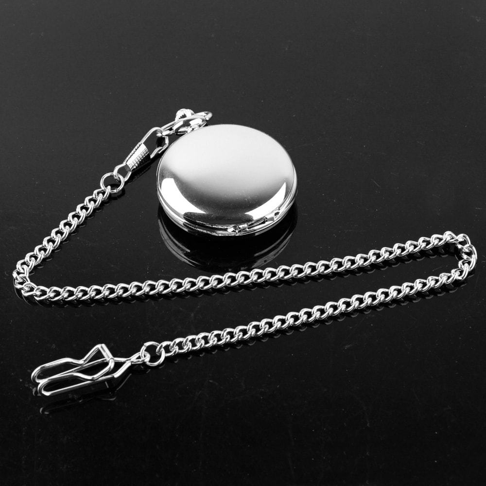 Modern Analog Pocket Watch With Luxury Smooth Silver Pendant Roman Numerals Unisex Chain Gift 3