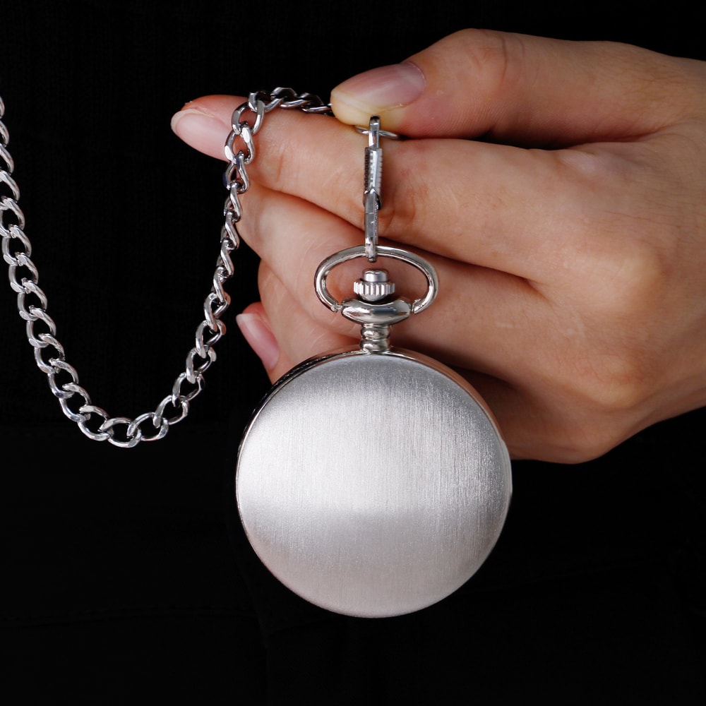 Modern Analog Pocket Watch With Luxury Smooth Silver Pendant Roman Numerals Unisex Chain Gift 5