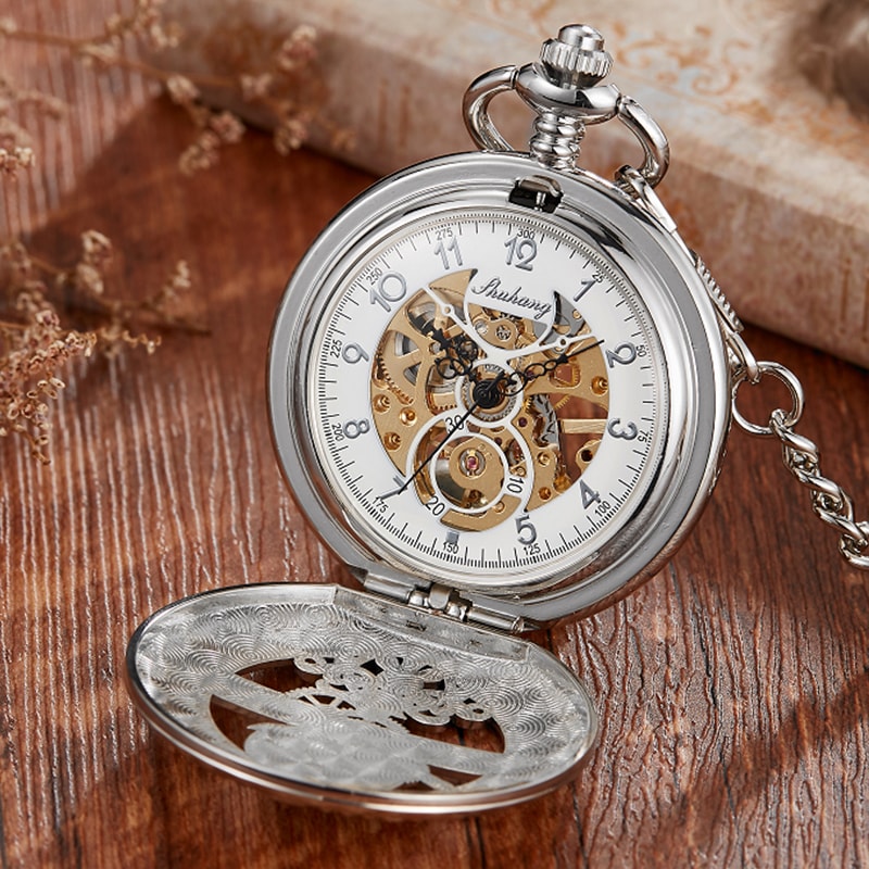 Carved Stars Moon Phases SemiAutomatic Mechanical Pocket Watch Hollowed Dial For Students 3