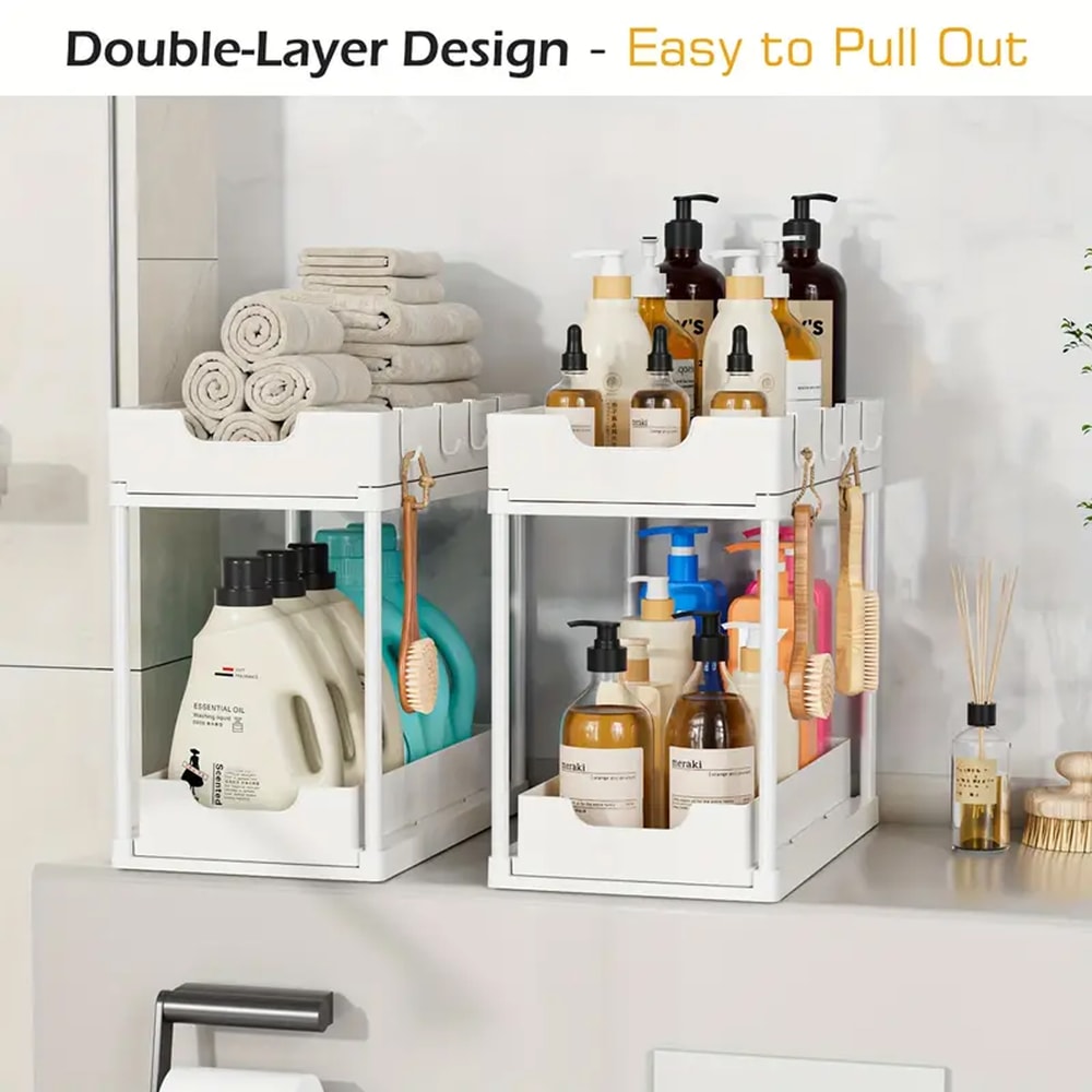 Non-Slip and Stable Double-Layer Drawer Storage Rack, Multifunctional Storage Box with Five Hooks for Kitchen