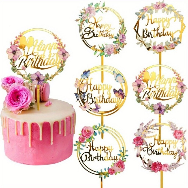 Gold Flower Acrylic Cupcake Toppers, Happy Birthday Cake Toppers for Pastry Decor & Celebrations