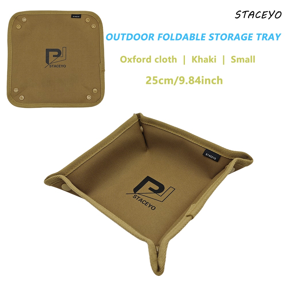 Oxford Fabric Foldable Storage Tray, Khaki Office Desktop Tray for Camping & Organization