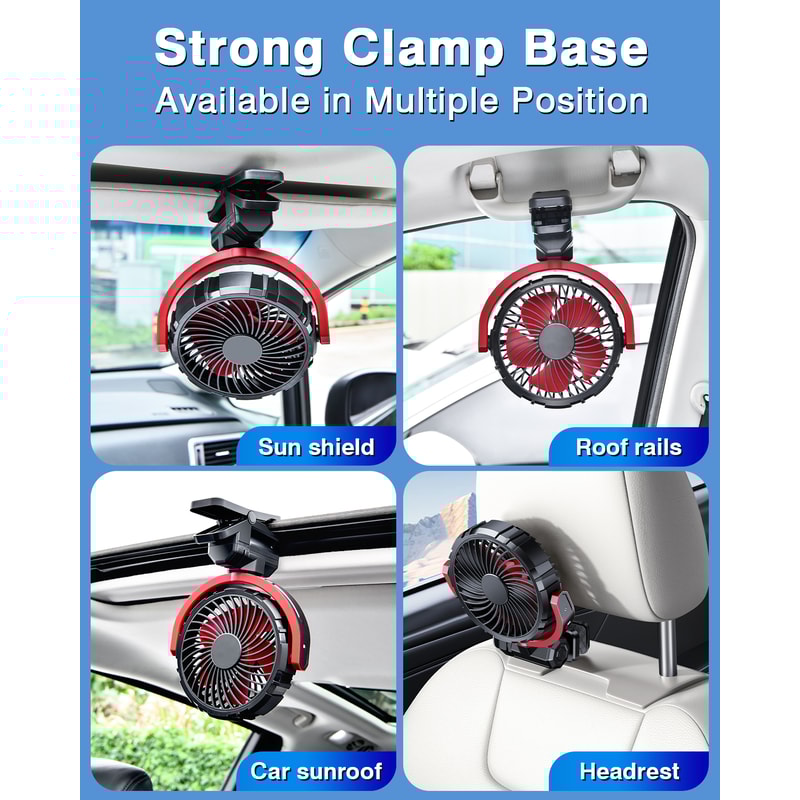 USB Rechargeable Fan, Car Cooling Clamp Fan, 900° Rotatable Car Cooling Tool