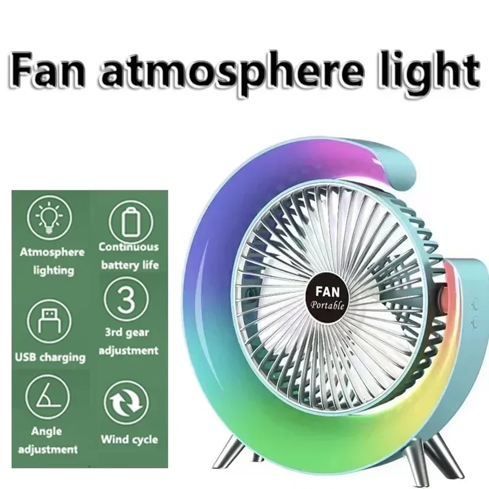 USB Powered Portable Desk Fan With Colorful Light 180 Degree Rotatable Table Fan For Home Office An 0
