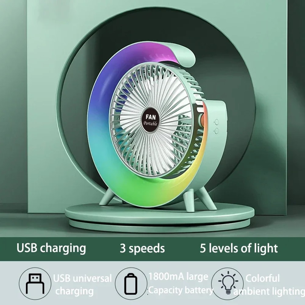 USB Powered Portable Desk Fan With Colorful Light 180 Degree Rotatable Table Fan For Home Office An 5
