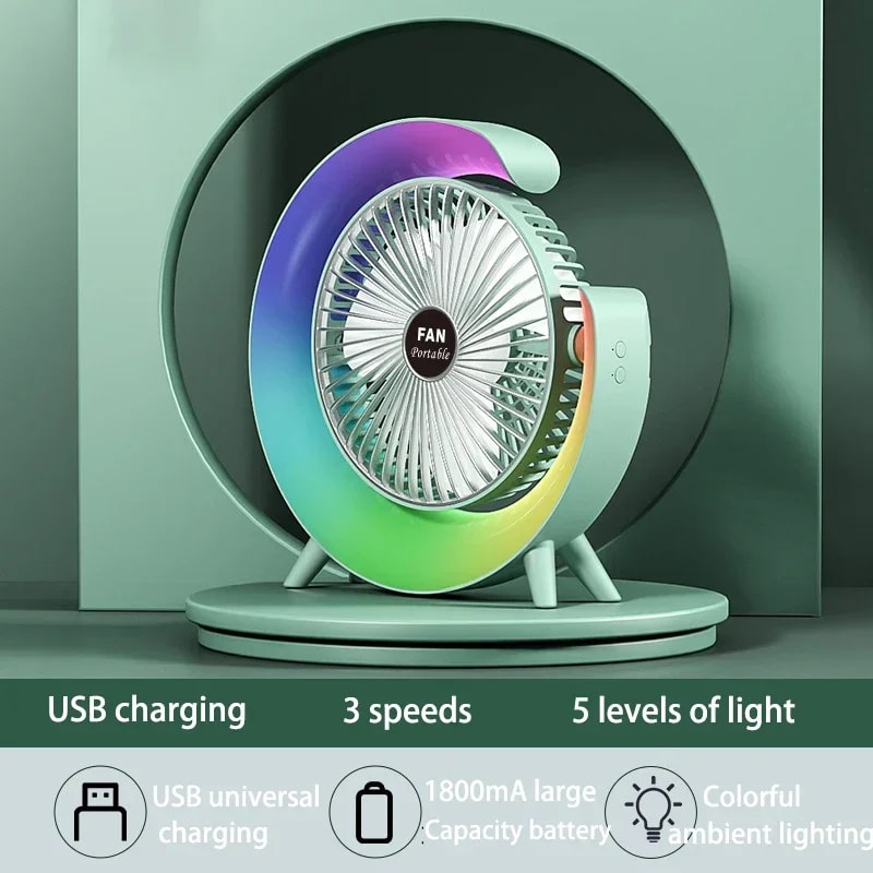 USB Powered Portable Desk Fan With Colorful Light 180 Degree Rotatable Table Fan For Home Office An 5