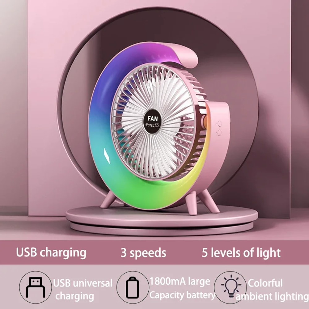 USB Powered Portable Desk Fan With Colorful Light 180 Degree Rotatable Table Fan For Home Office An 6