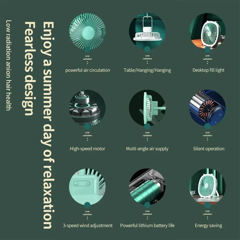 Strong Wind Desktop Fan USB Rechargeable LED Light Fan Wide Angle Bracket For Office Bedroom Study 4