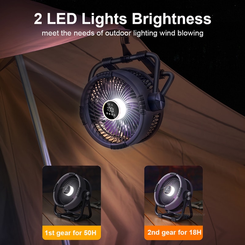 Rechargeable Camping Fan Wireless Air Circulator With Tent Hook Light 3