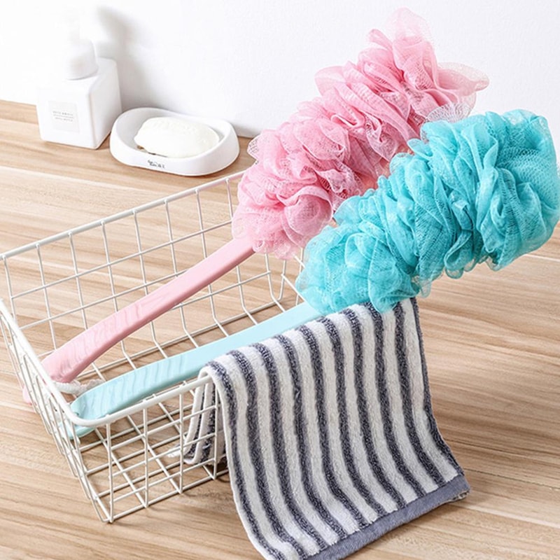 Soft Cleaner Skin Scrub Back Brush, Long Handle Shower Mesh Bath, Bubble Ball Loofah Body Exfoliating Brush for Bathroom