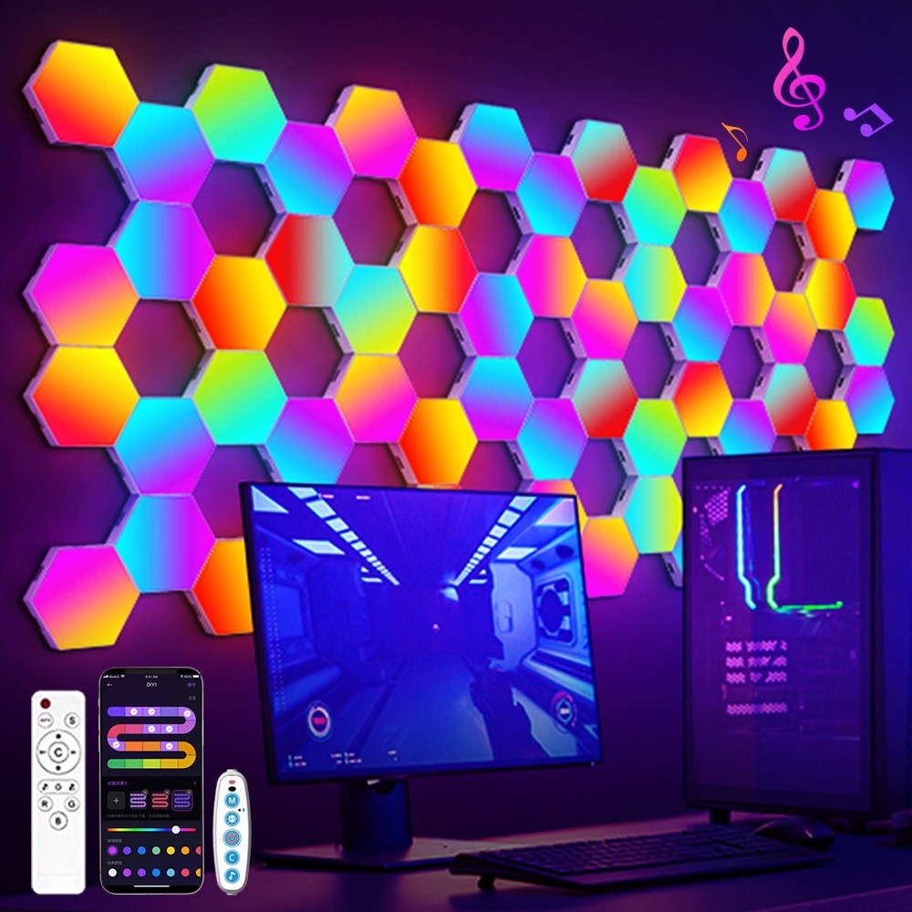 Ambient Night Light RGB Smart Hexagonal Wall Lamp DIY Shape Music Rhythm APP For Game Room 0