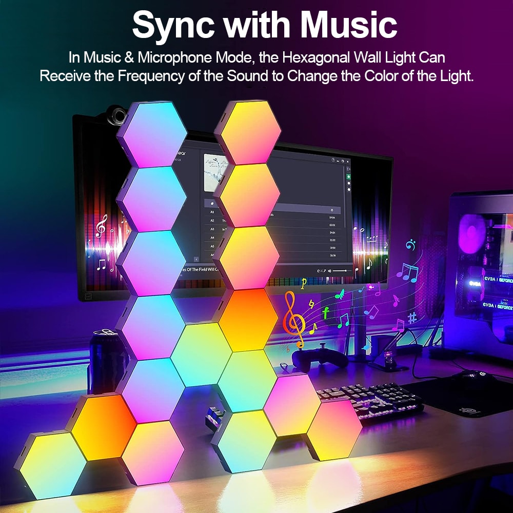 Ambient Night Light RGB Smart Hexagonal Wall Lamp DIY Shape Music Rhythm APP For Game Room 3
