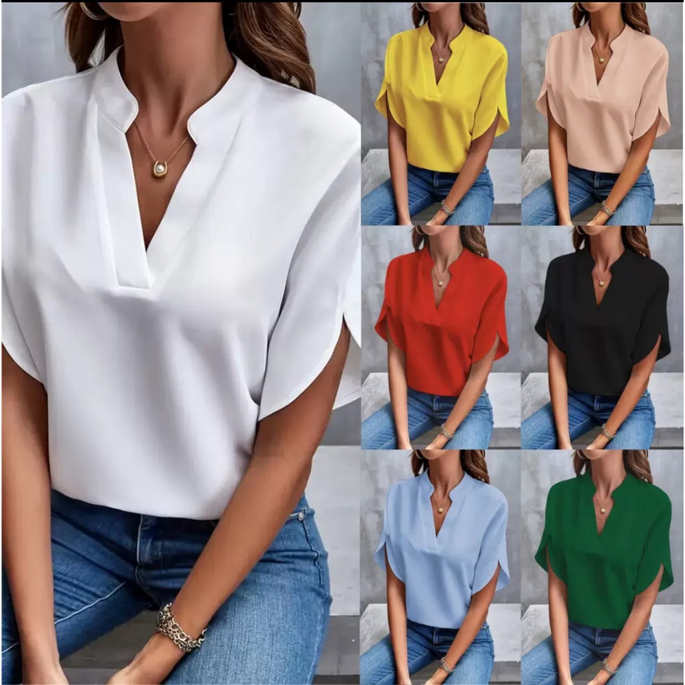 Women Fashion Vneck Half Sleeve Shirts Summer Casual Blouse Office Elegant Loose Blusas Tops 1