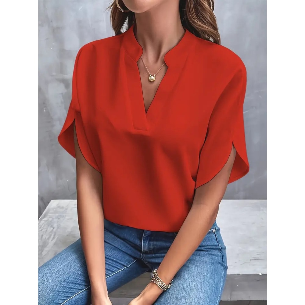 Women Fashion Vneck Half Sleeve Shirts Summer Casual Blouse Office Elegant Loose Blusas Tops 4