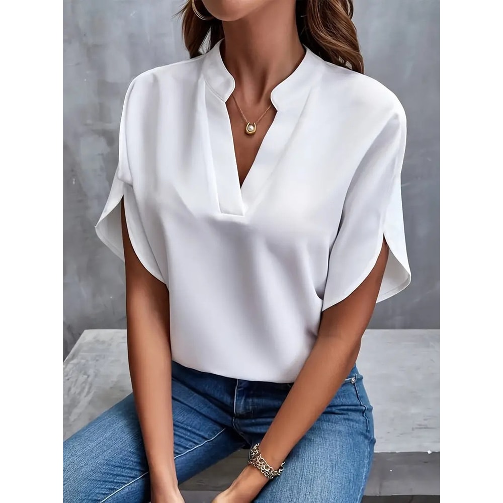 Women Fashion Vneck Half Sleeve Shirts Summer Casual Blouse Office Elegant Loose Blusas Tops 7