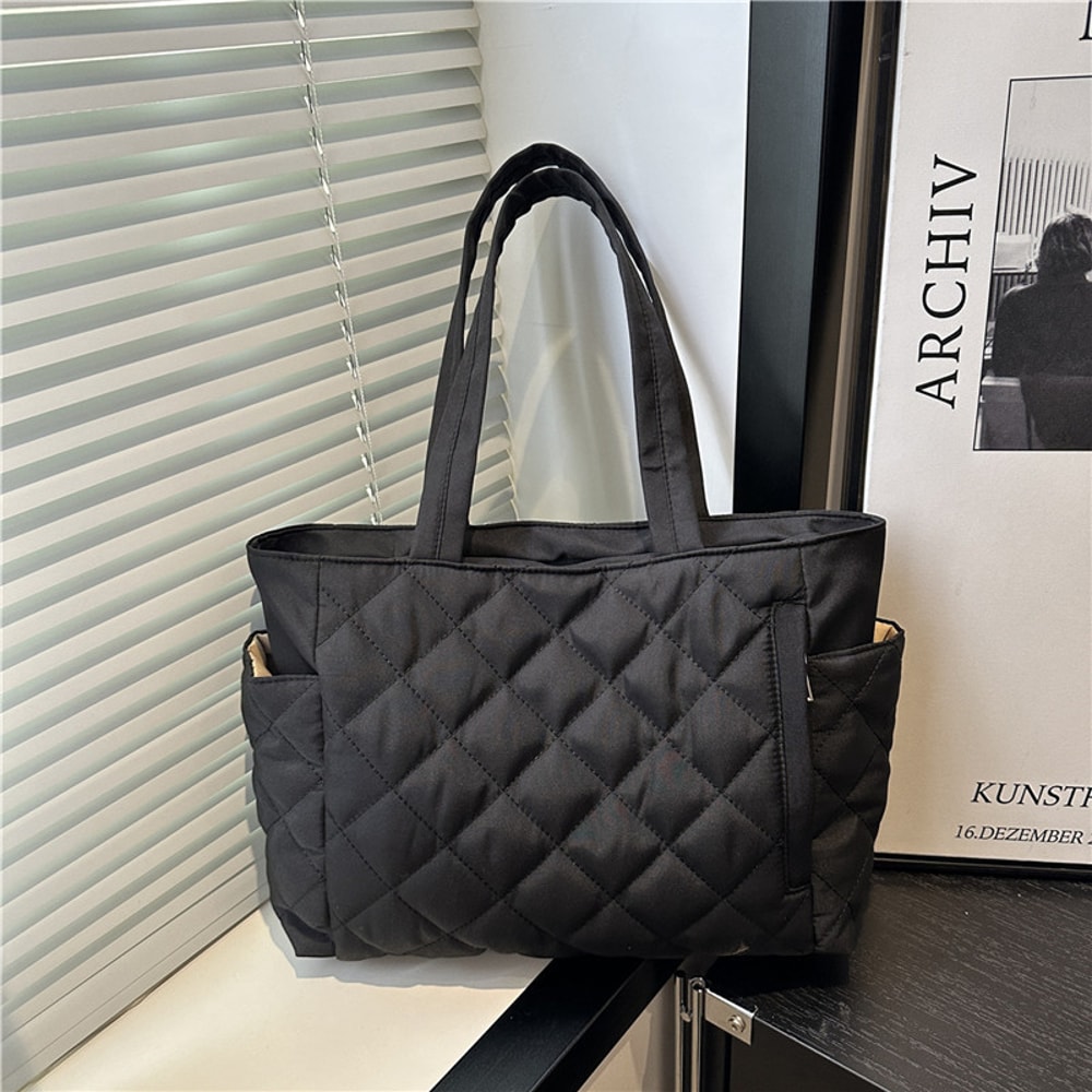 Diamond Patterned Cotton Shoulder Bag, Large Capacity Women Tote Bag