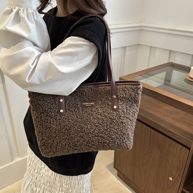 Women Lamb Wool Tote Large Capacity Soft Handbag Zipper Closure Casual Shoulder Bag 0
