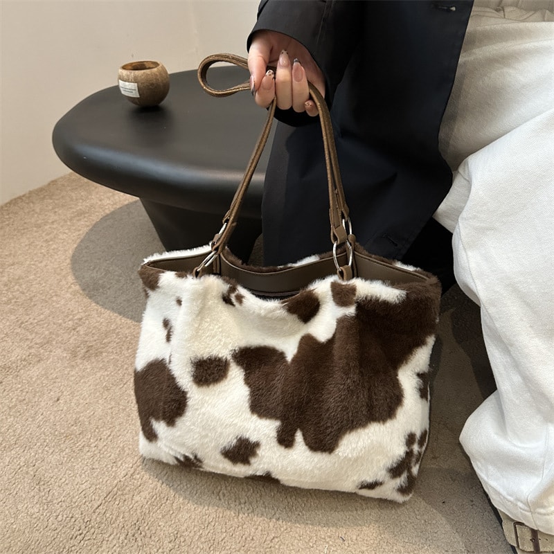 Winter Travel Tote Bag, Cow Printing Plush Shoulder Bag, Large Capacity Shopper Bags For Women
