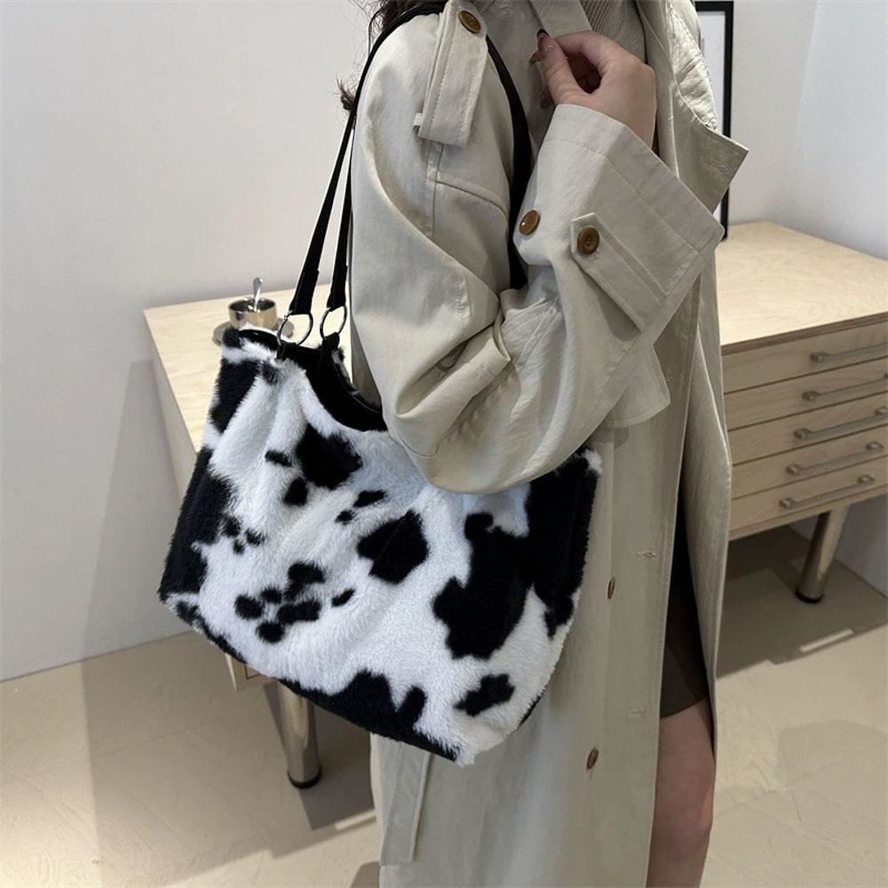 Winter Travel Tote Bag, Cow Printing Plush Shoulder Bag, Large Capacity Shopper Bags For Women