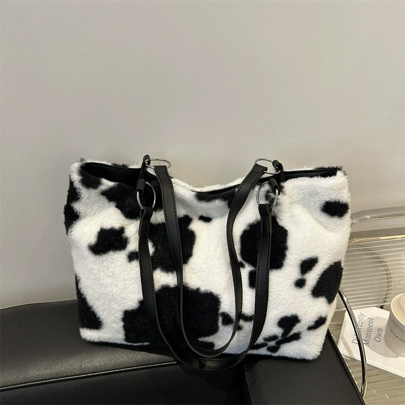 Winter Travel Tote Bag, Cow Printing Plush Shoulder Bag, Large Capacity Shopper Bags For Women