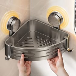 multifunctional storage organizer with hooks, triangular space-saving suction cup bathroom shelf, no drilling required