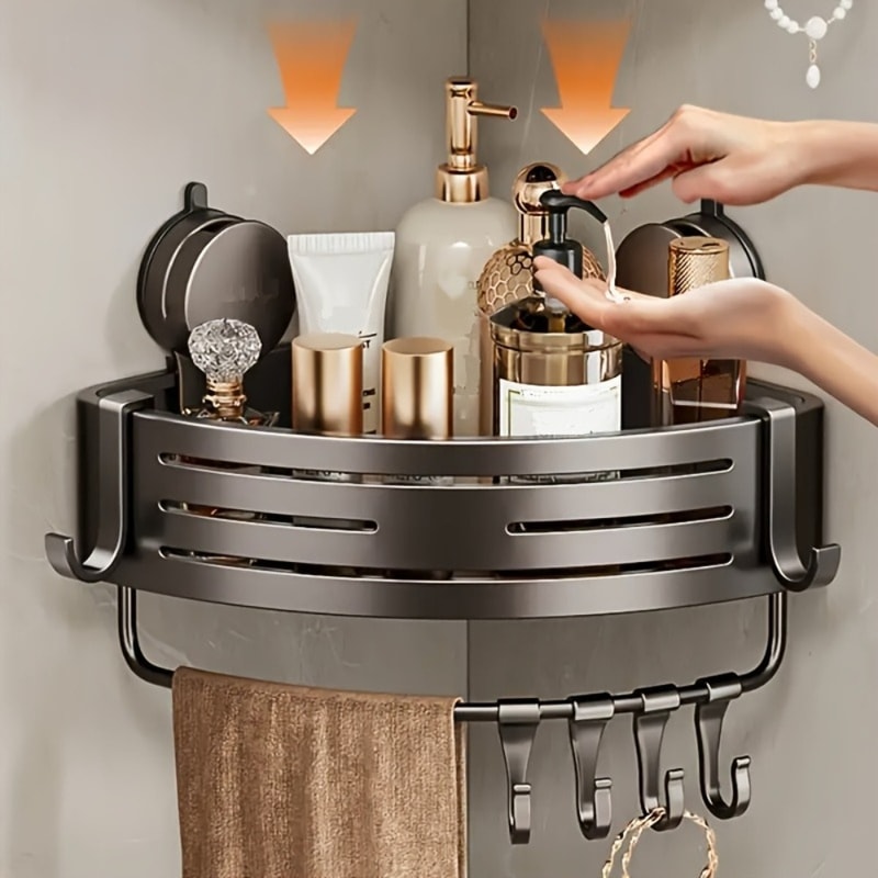 Multifunctional Storage Organizer with Hooks, Triangular Space-Saving Suction Cup Bathroom Shelf, No Drilling Required