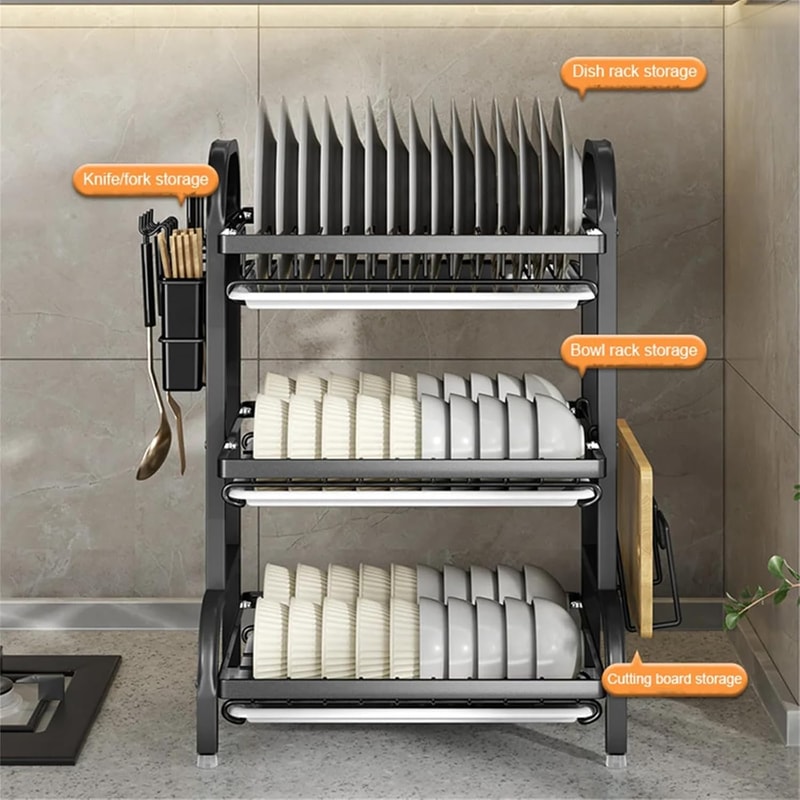 Large Capacity Dish Drainer, Three-Tier Space-Saving Dish Rack, Kitchen Countertop Utensil Holder